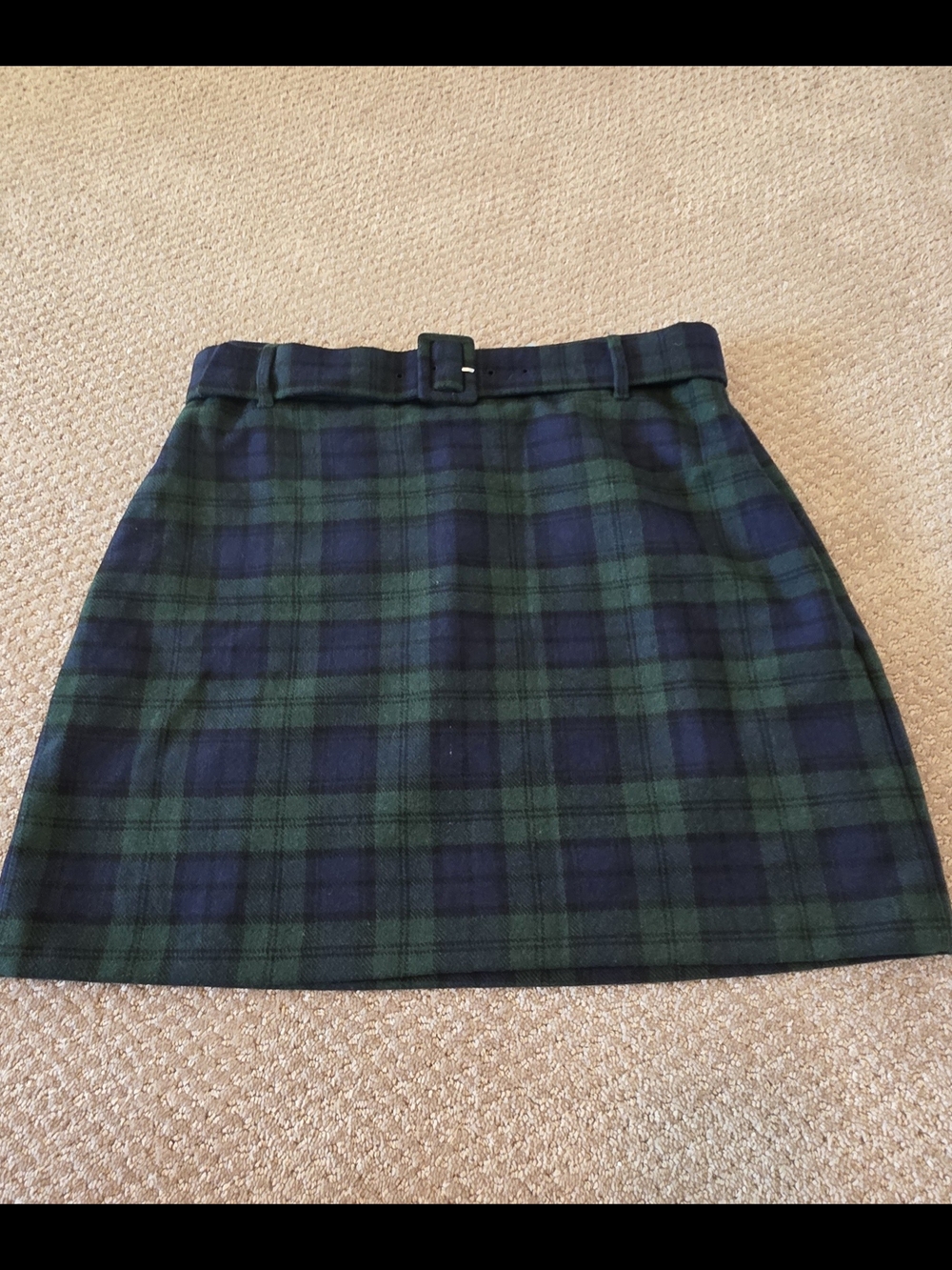 LOFT Green and Navy Plaid Wool Blend Mini Skirt with Belted Waist